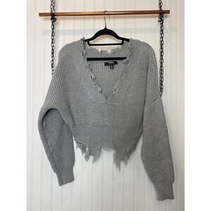 Hera Collection Gray Distressed Look Deep V-Neck Pullover Cropped Sweater Size S